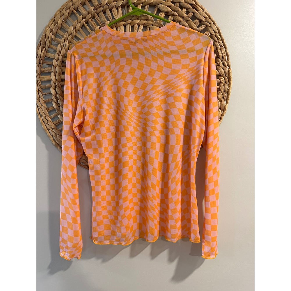 Davi & Dani Pink Orange Psychedelic Warped Checkered Mesh Long Sleeve Top Medium - Picture 2 of 3